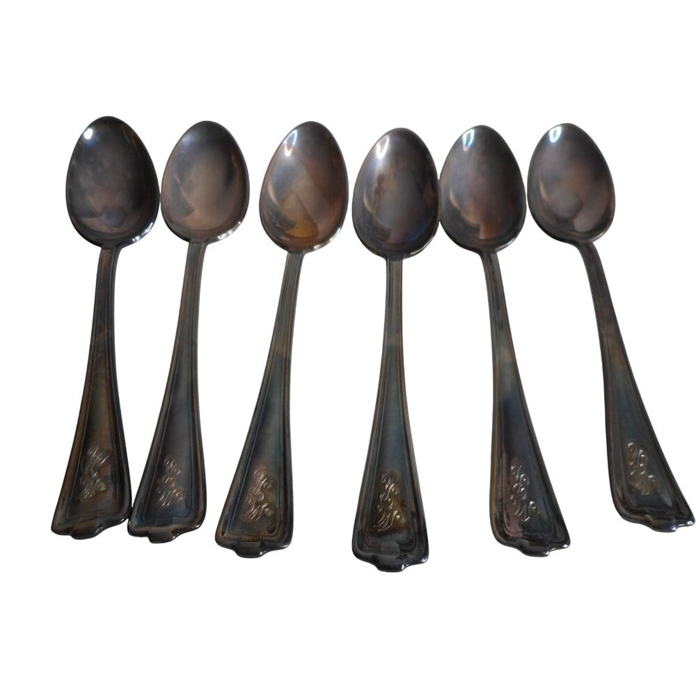 6 c1919 1847 Rogers Bros XS Triple Cromwell Pattern tea spoons Silver Plate 6"